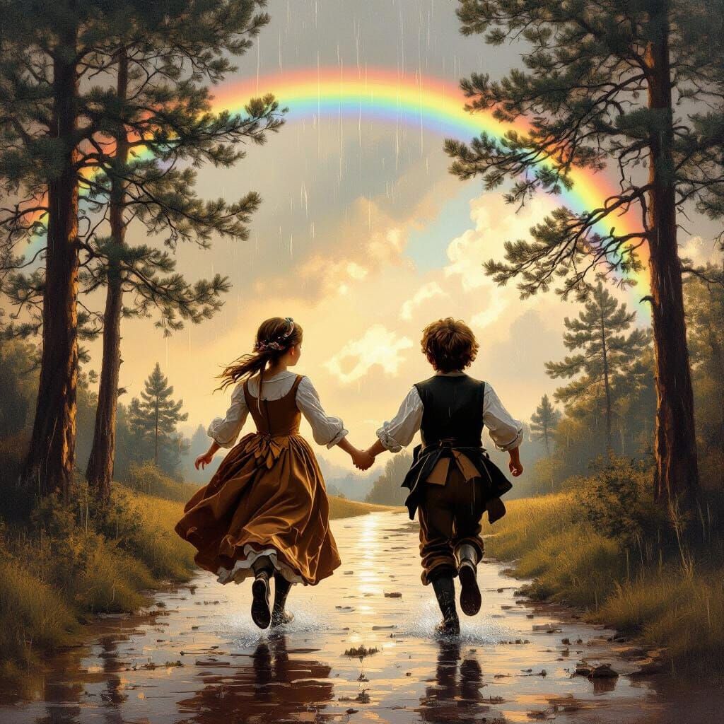 Children Run in Rain, Old Masters Style