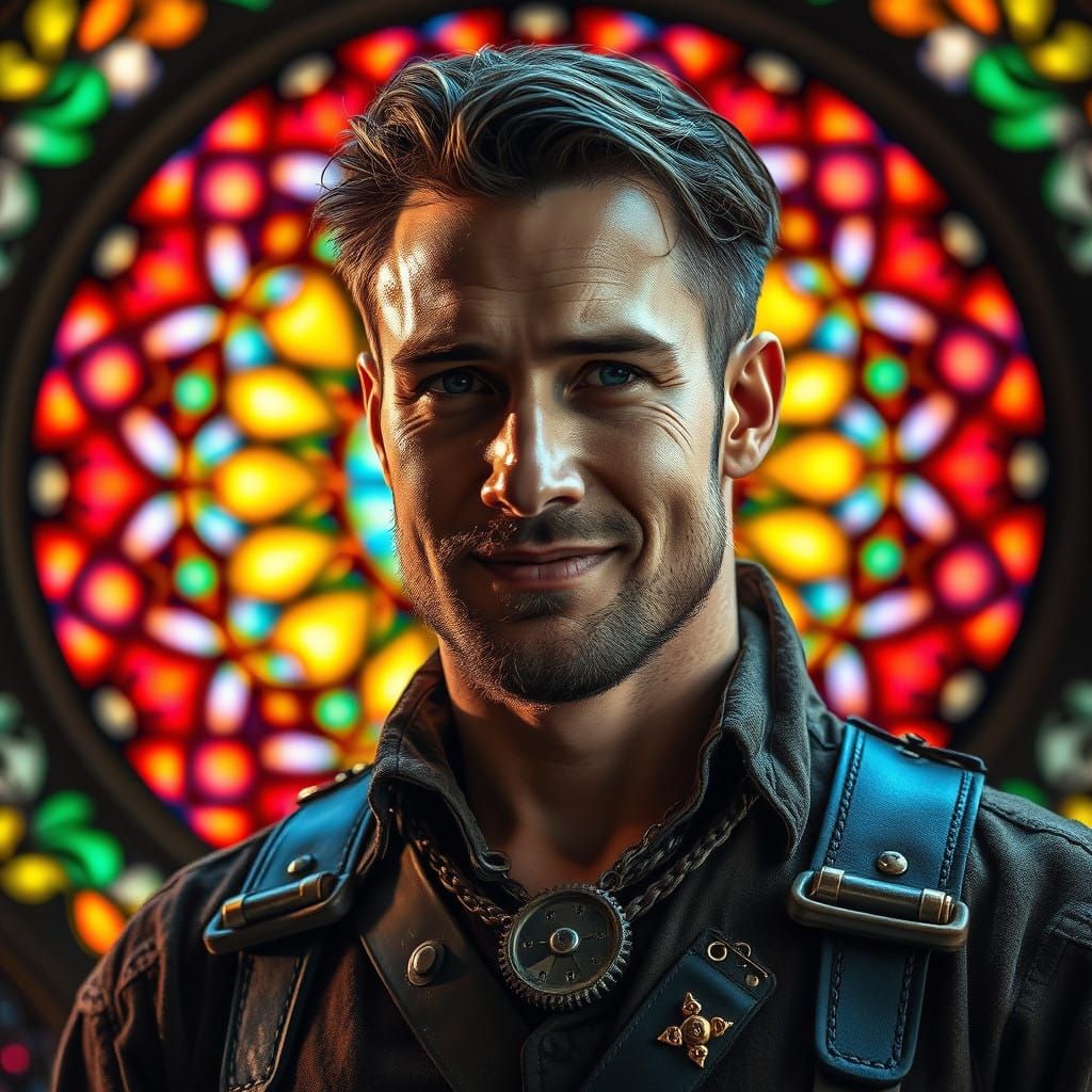 Charming Gentleman in Front of Vibrant Stained Glass Window