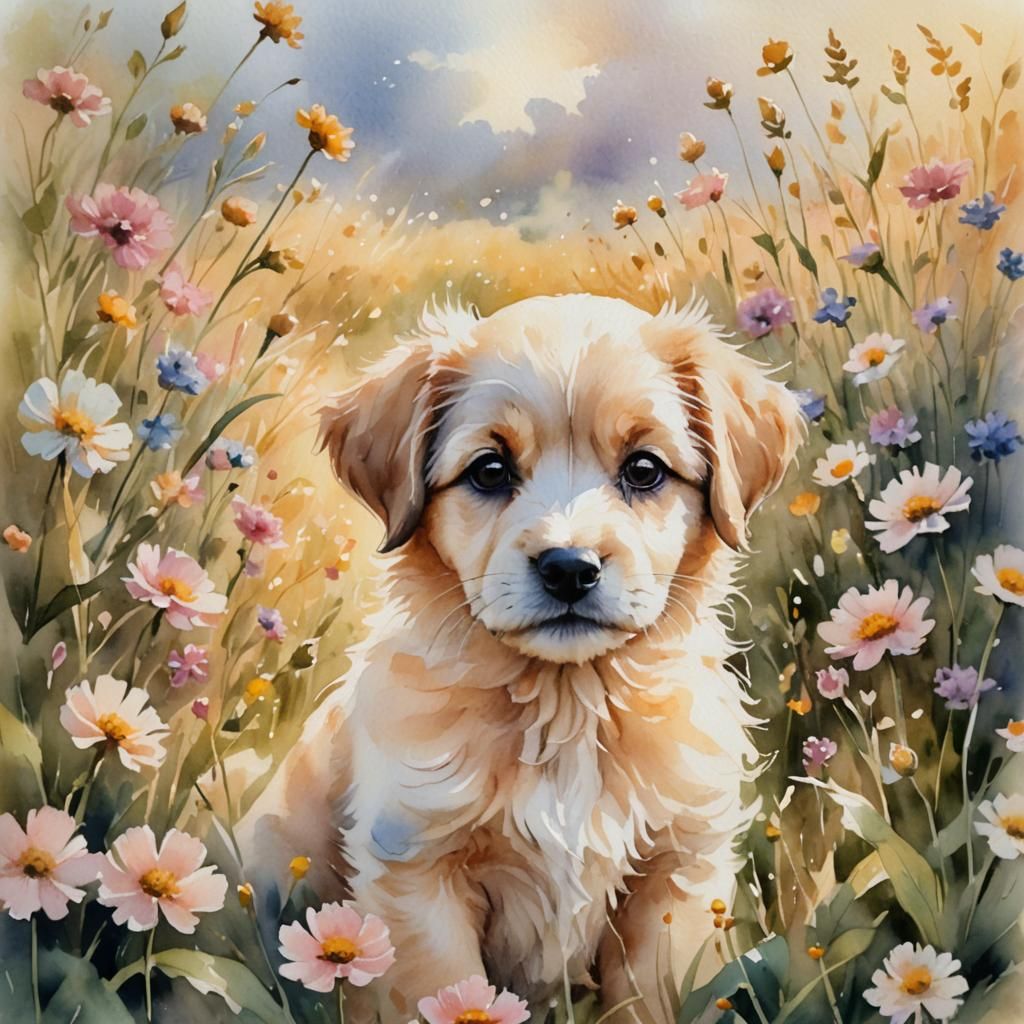 Watercolor Puppy Portrait in Field of Flowers
