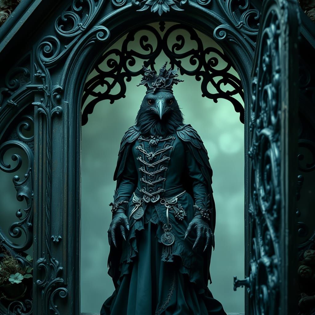 Victorian Raven in Gothic Birdhouse, Mystical Art