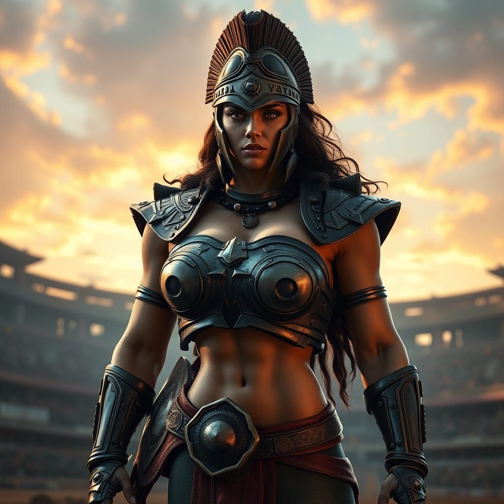 Imposing Female Gladiator in Ornate Armor