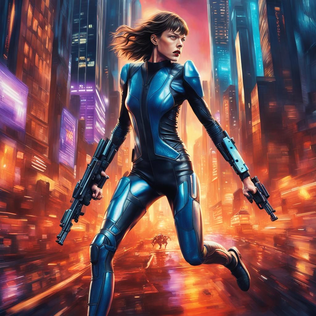 Mila Jovovich in Futuristic City, Hyperrealistic Art