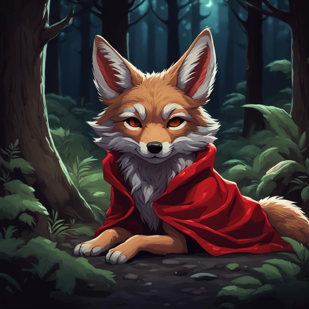 Coyote Sleeping in Forest, Semi-Anime Digital Art