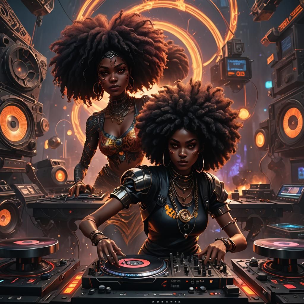 Demon Girl DJ with Afro, Detailed Digital Art