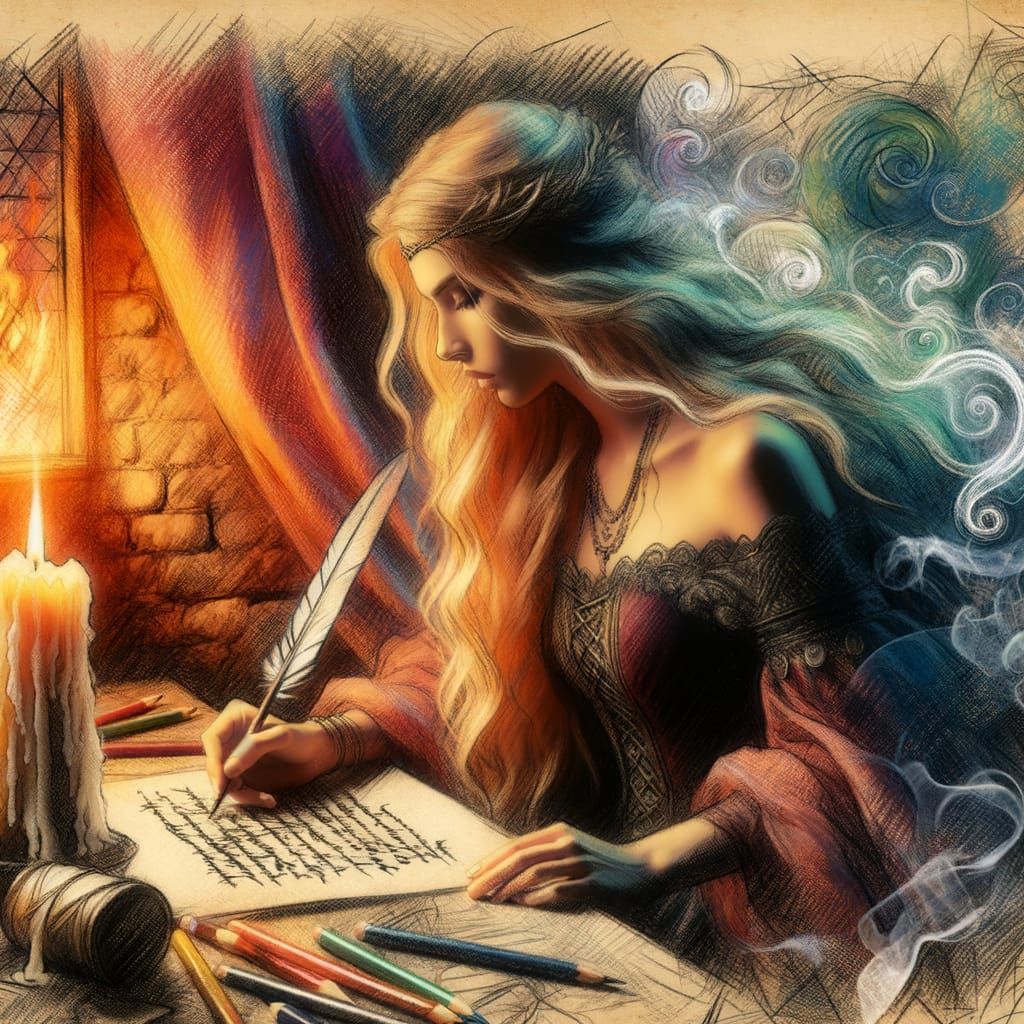 Norse Goddess Writing by Candlelight in Romantic Style