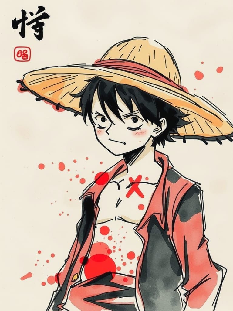 Luffy in Japanese Watercolor Ink Style
