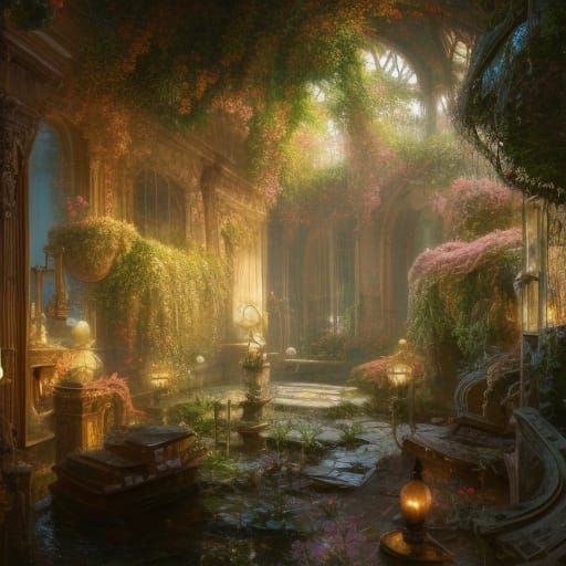 Hyperrealistic Courtyard Garden with Flowers and Sunshine