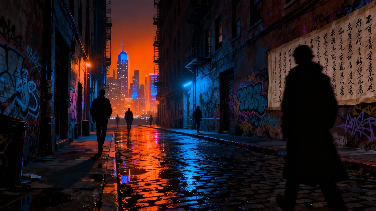 Neon-Lit Urban Alley at Night with Figures