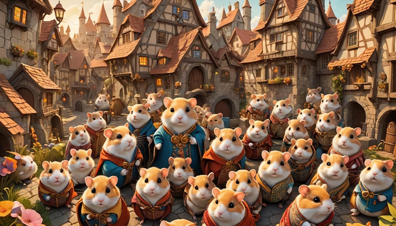 Whimsical Medieval Hamster Village Scene in Vibrant Illustra...