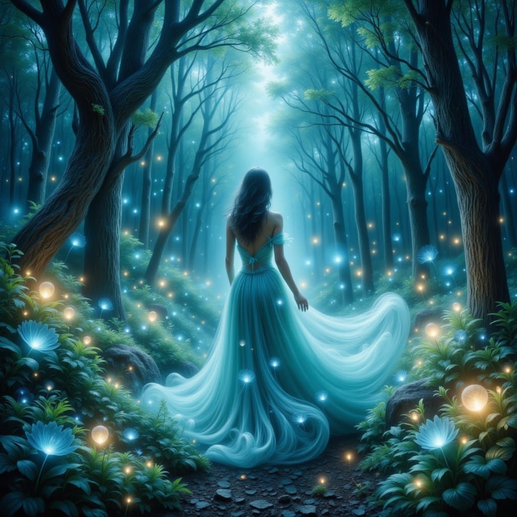 Ethereal Woman in Enchanted Forest Under Surreal Moonlight