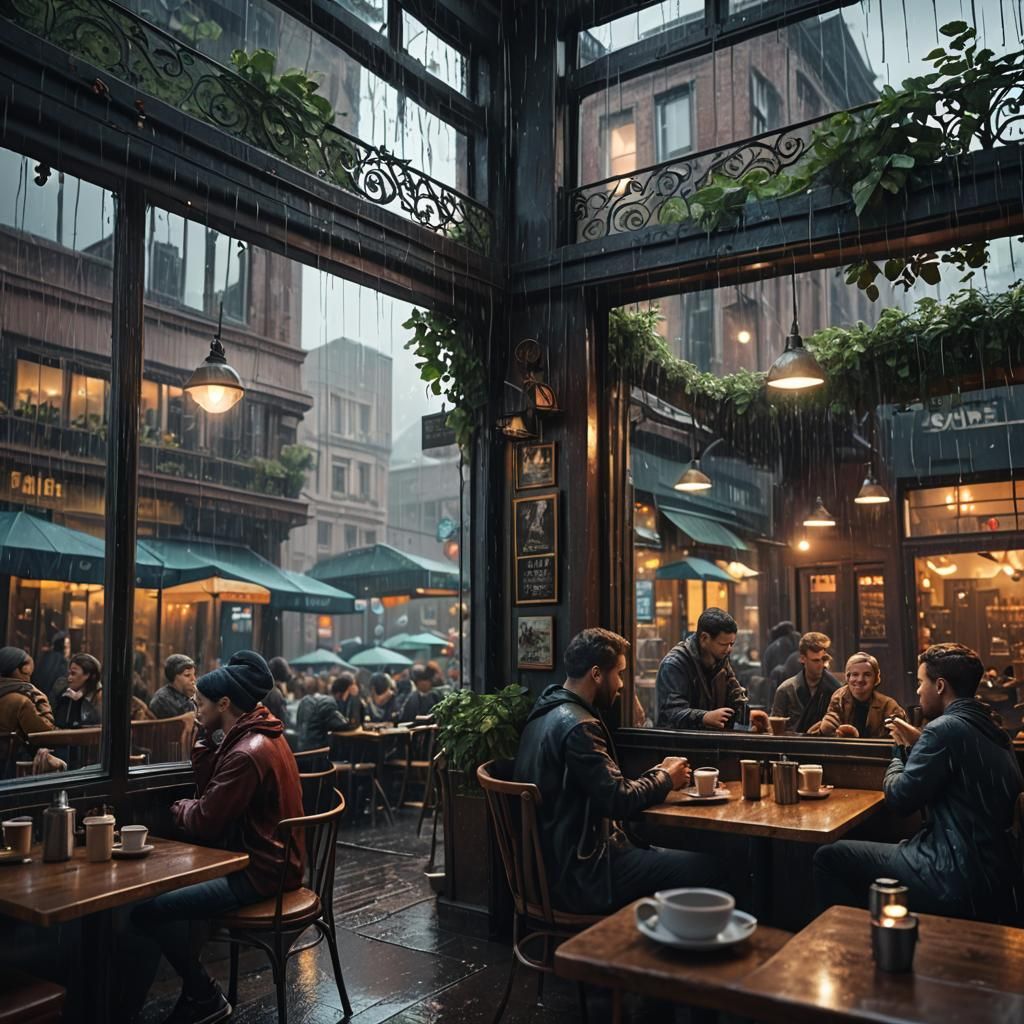 People in Cafe Watching Rain: Matte Painting
