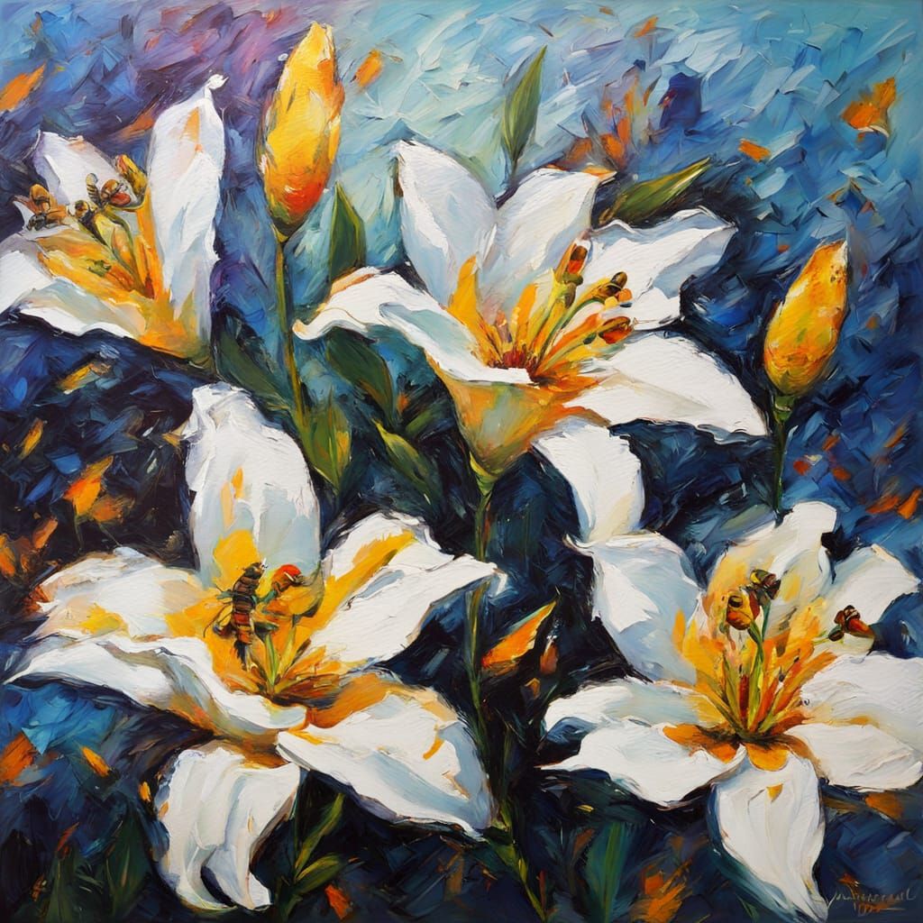 White Lilies with Gold Bees in Neo-Impressionist Style