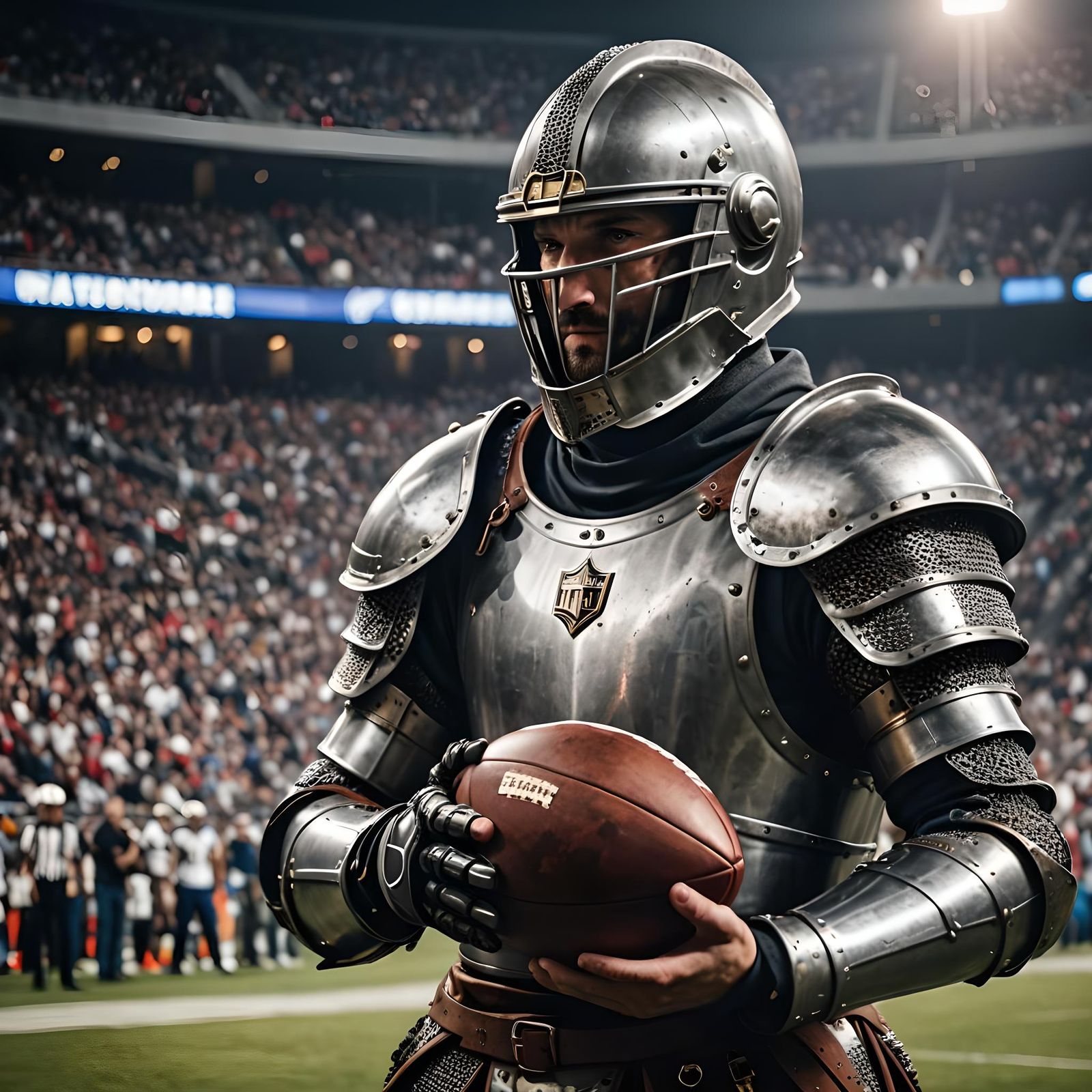 Medieval Knight Plays Football in Modern Stadium