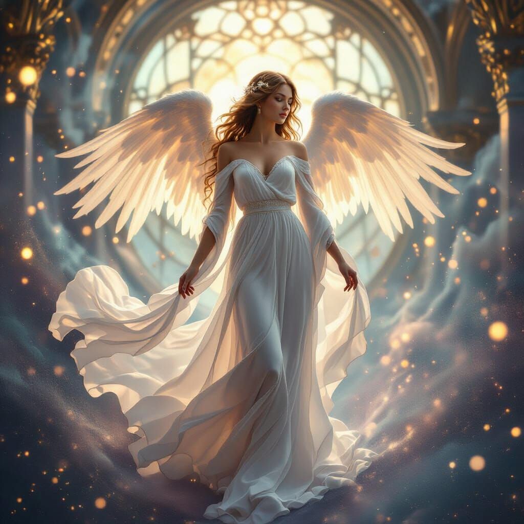 Serene Angel in Nebula, Art Nouveau Style Portrait