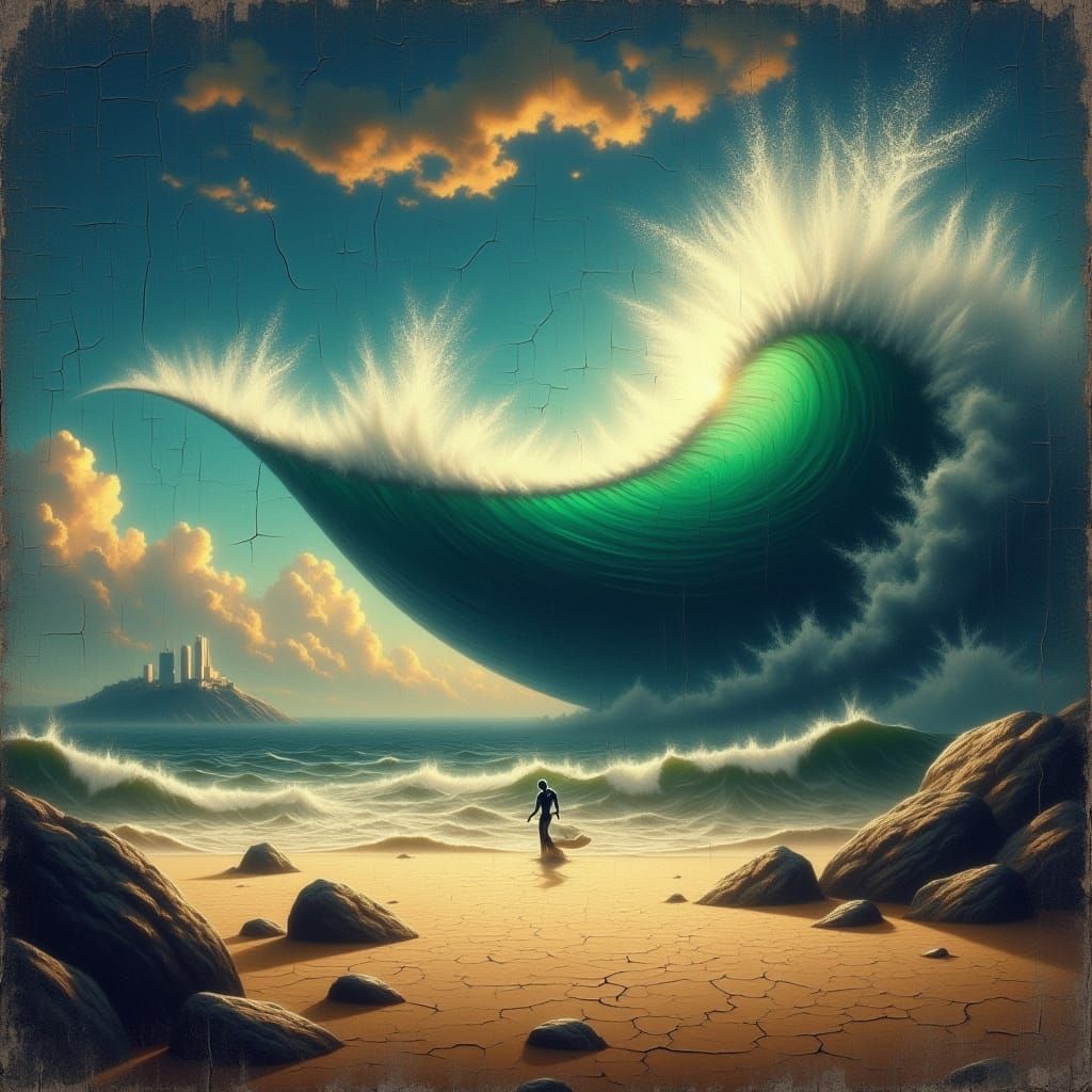 <lora:FluxCrackedLines:1.0>  Huge crashing crushing destroying waves of surrealism