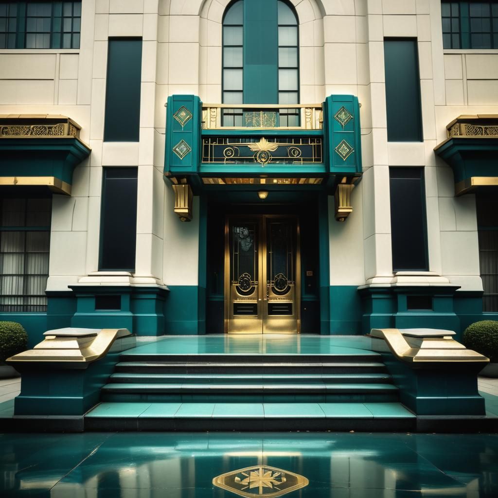 Art Deco Building with Teal and Gold Details