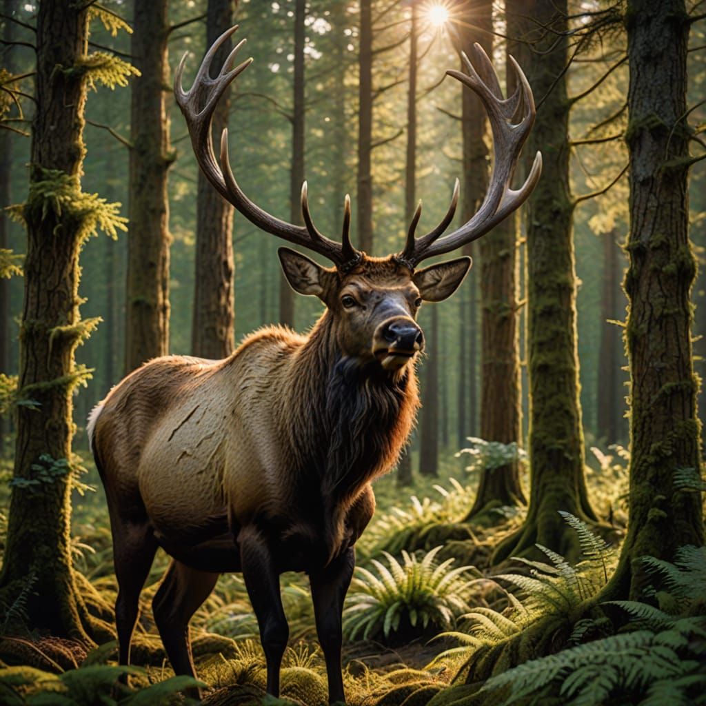 Majestic Elk Portrait in Vibrant Forest Landscape