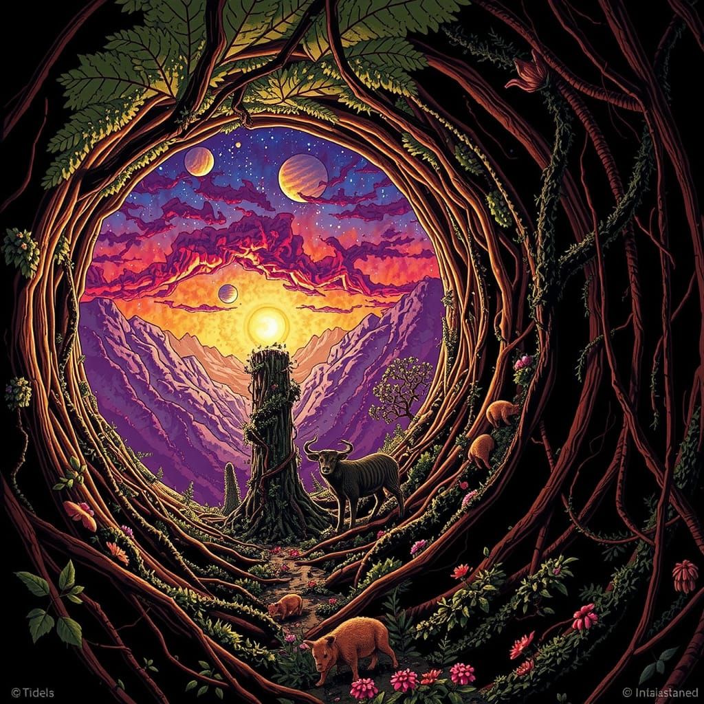 Vibrant Landscape Illustration with Abundant Wildlife