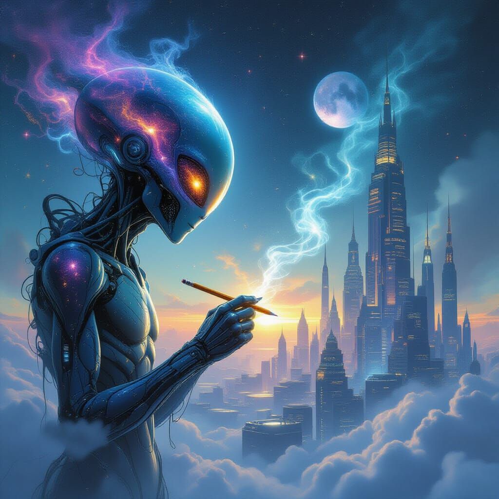 Cosmic Being Sketches Futuristic City in Surreal Style