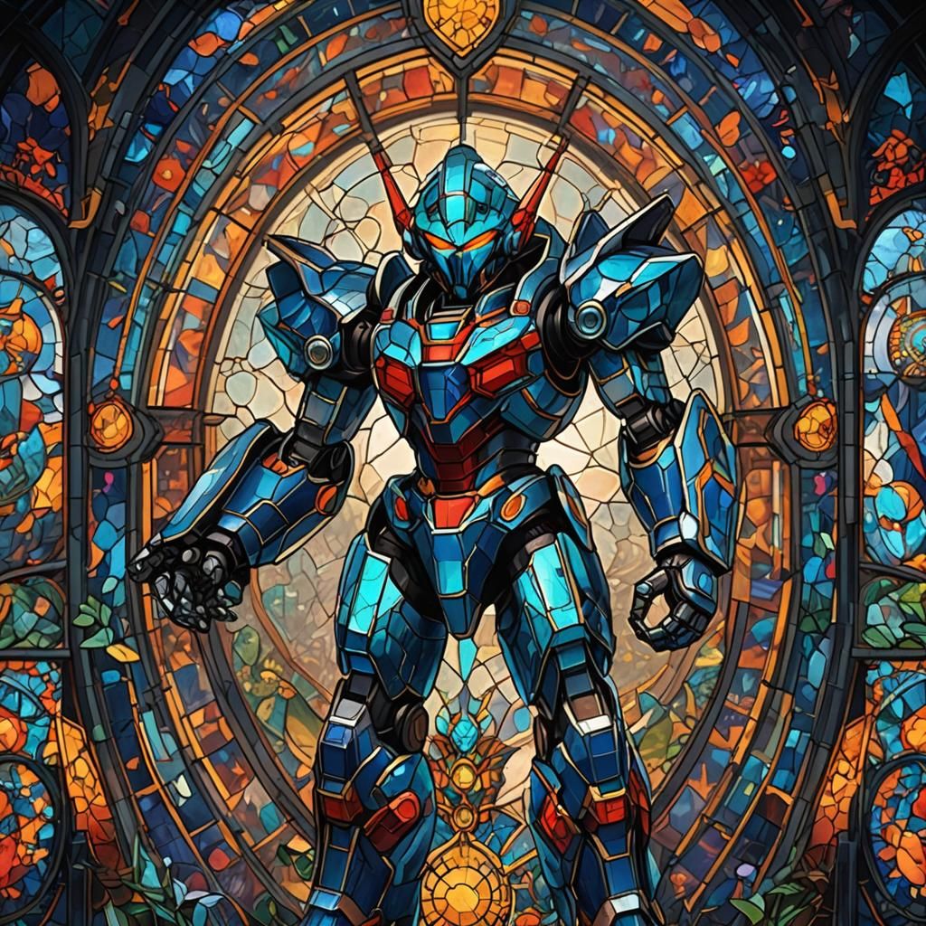 Stained Glass of Reploid Zero in Detailed Digital Art