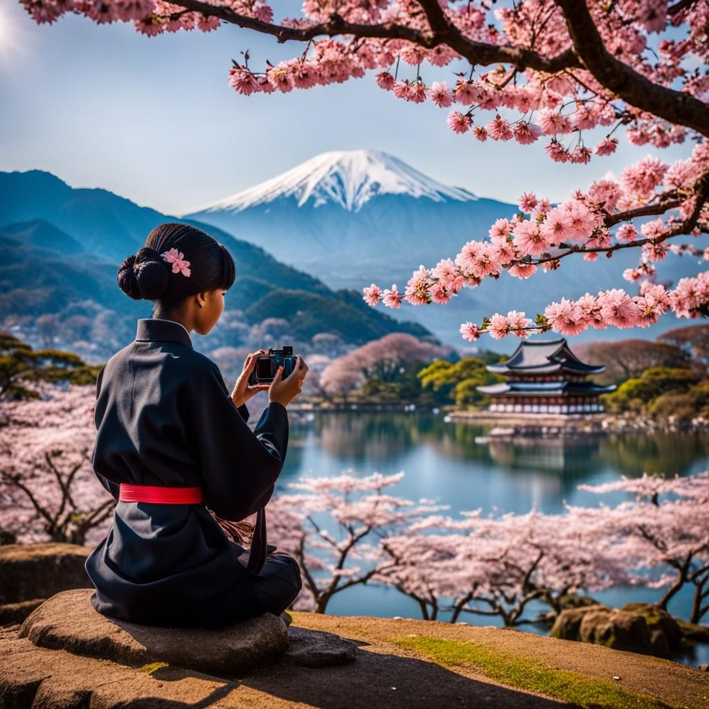 Sakura Tree by Lake with Temples