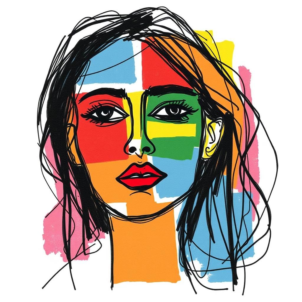 Cubist Woman in Abstract Squares Sketch