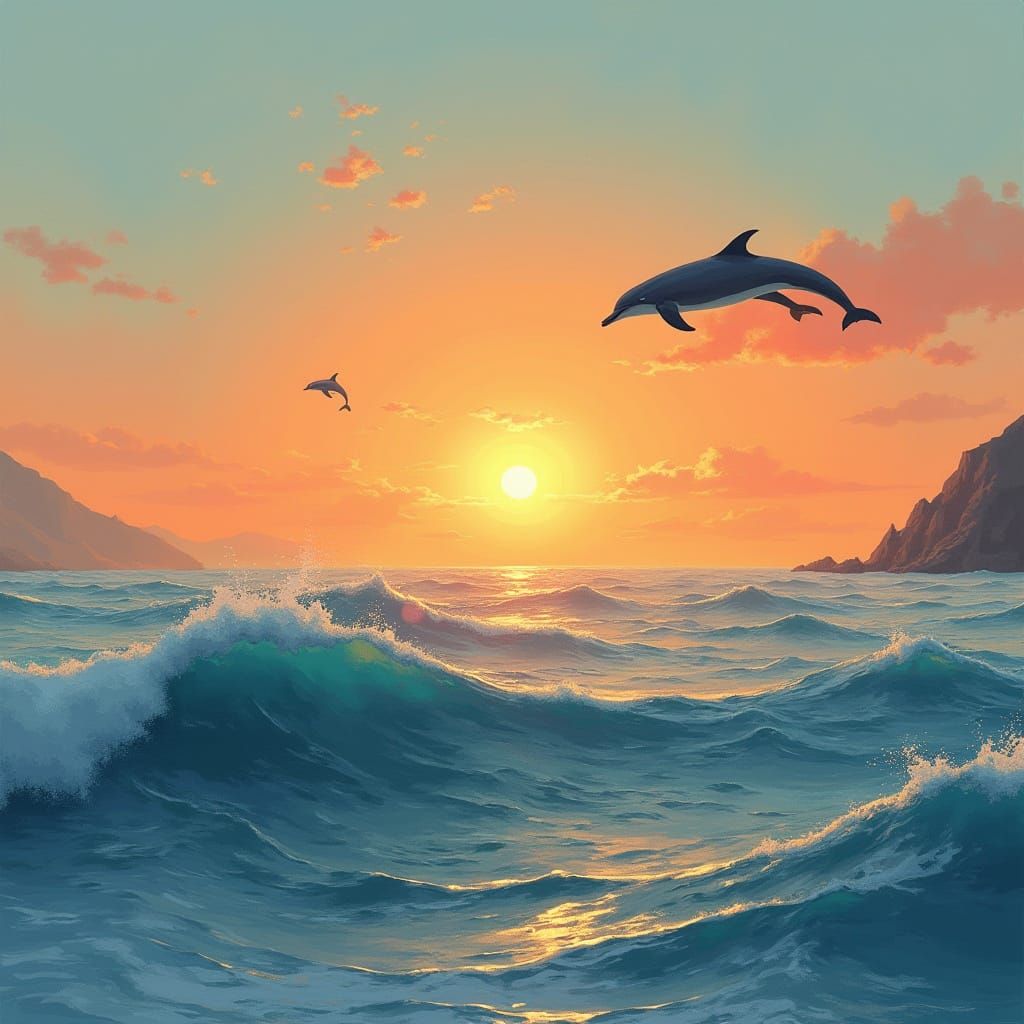 Peaceful Ocean Sunset with Dolphins in Dreamy Digital Art