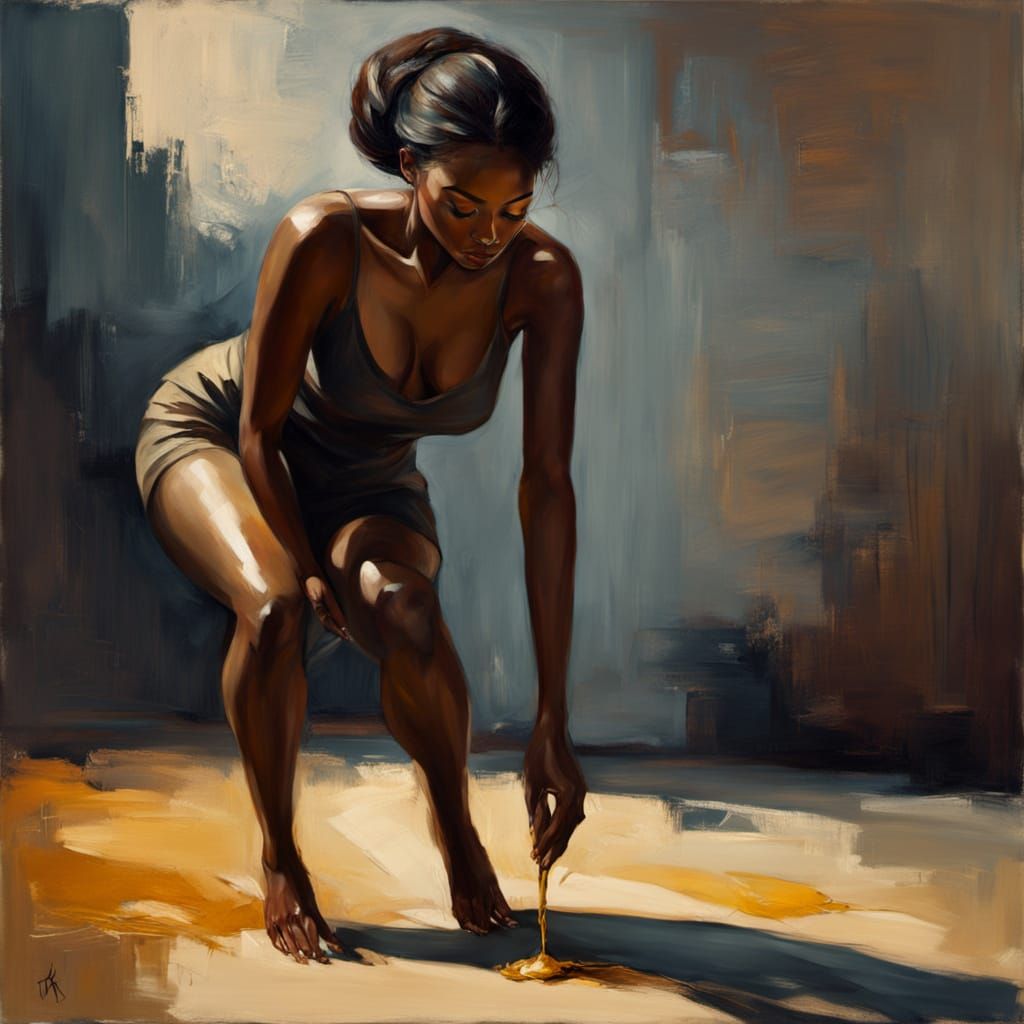 Backshot of a sensual black woman bending to pick something ...