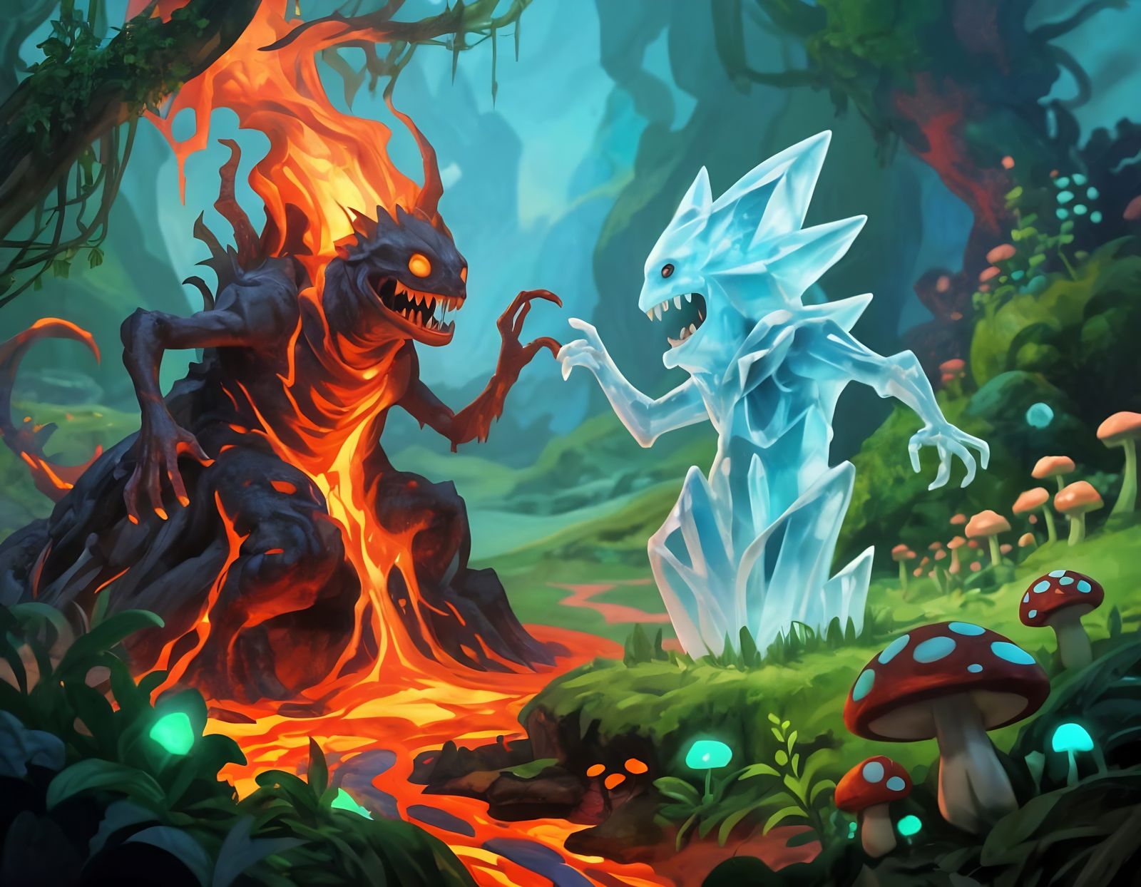Lava Creature Meets Ice Being in Fantasy Art