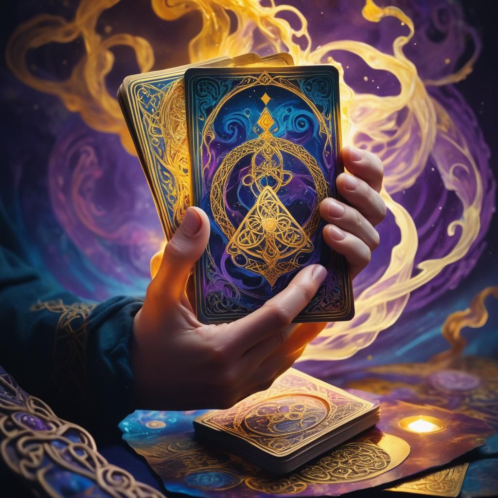 A hand holding a magical tarot card