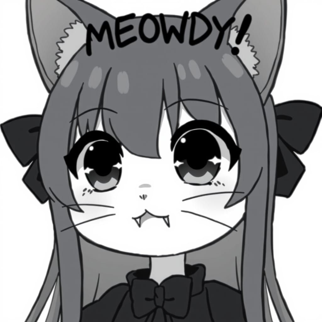 Chibi Anime Catgirl in High Contrast Grayscale