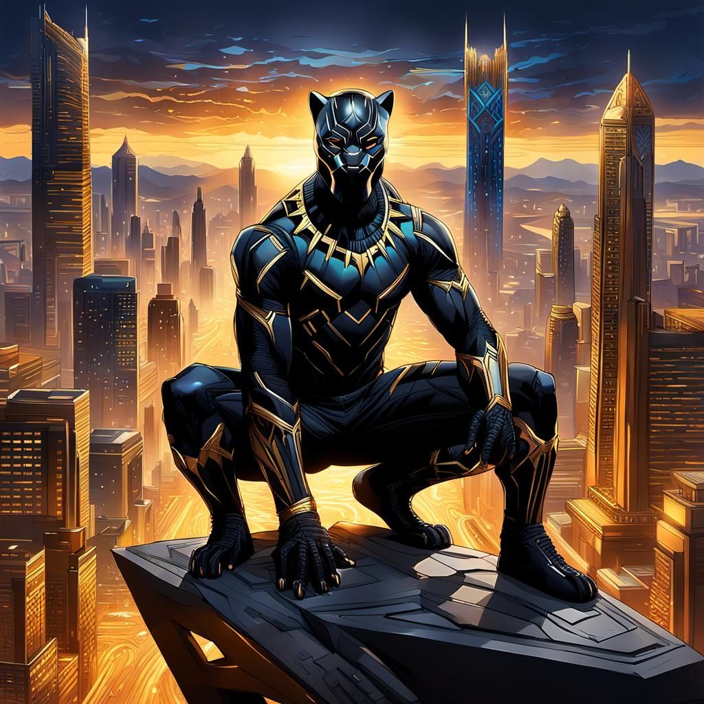 Black Panther Overlooking Wakandan Cityscape