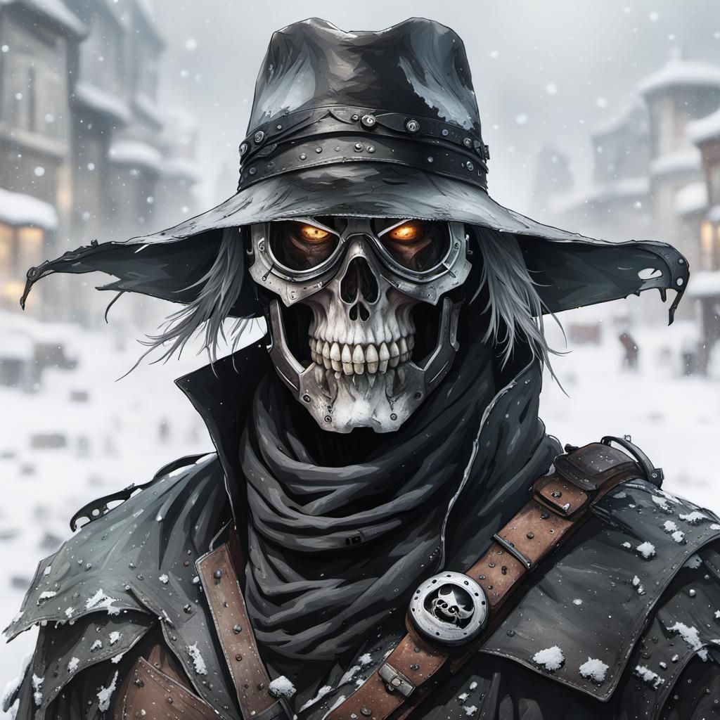 Armored Cowboy in Snowy City: Hyperrealistic Concept Art