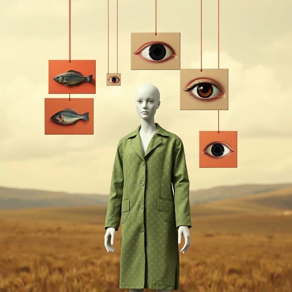 Surreal Scene with Mysterious Figure in Green Coat