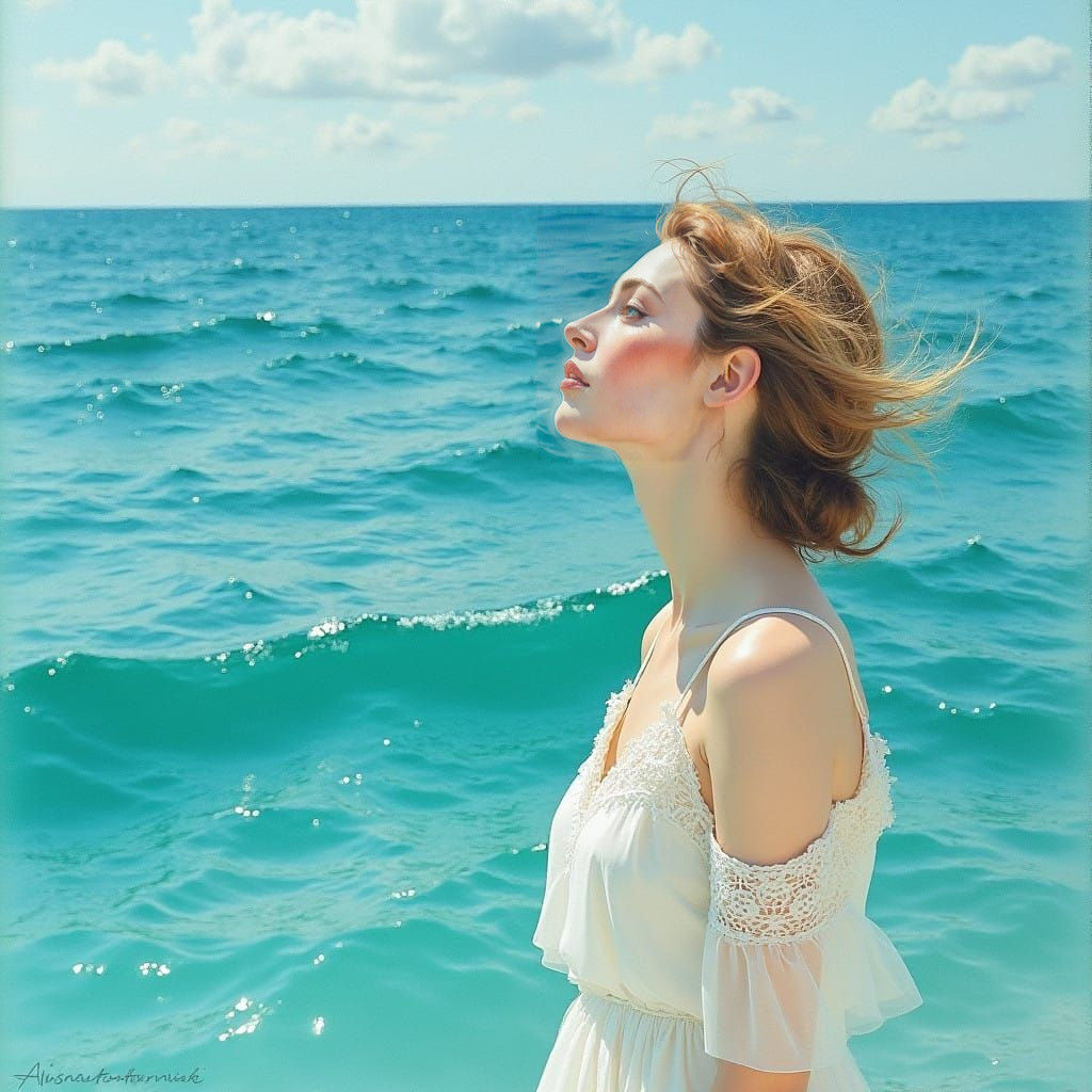 Surreal Woman Contemplates Depth of the Ocean in Impressioni...
