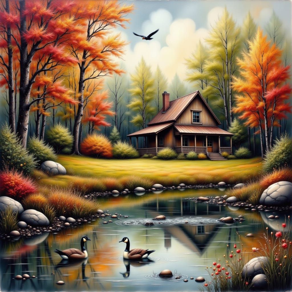 Cozy Autumn House Beside River With Canadian Geese