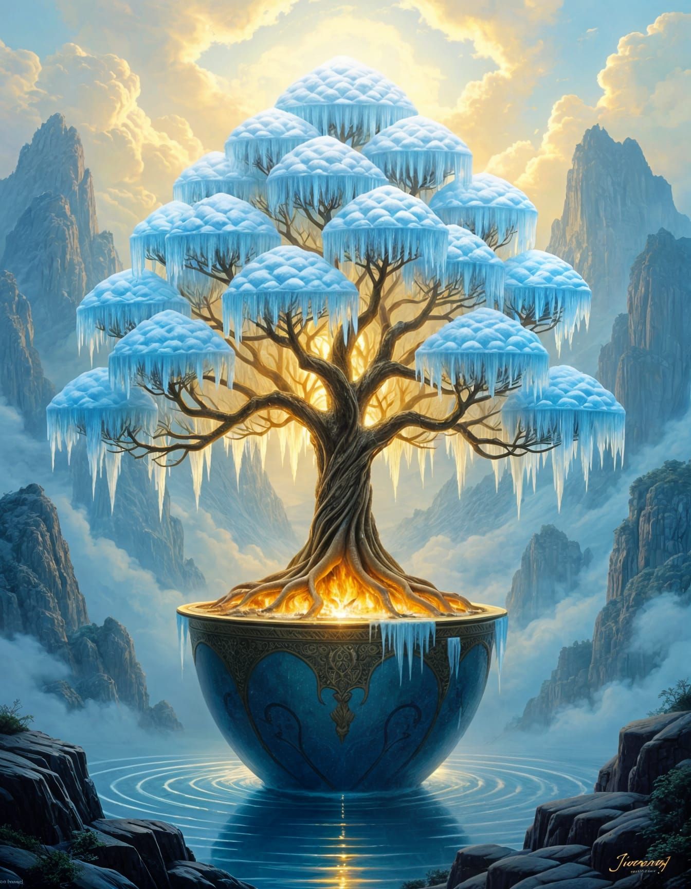 Magical Fire Tree with Ice Flowers on Vase