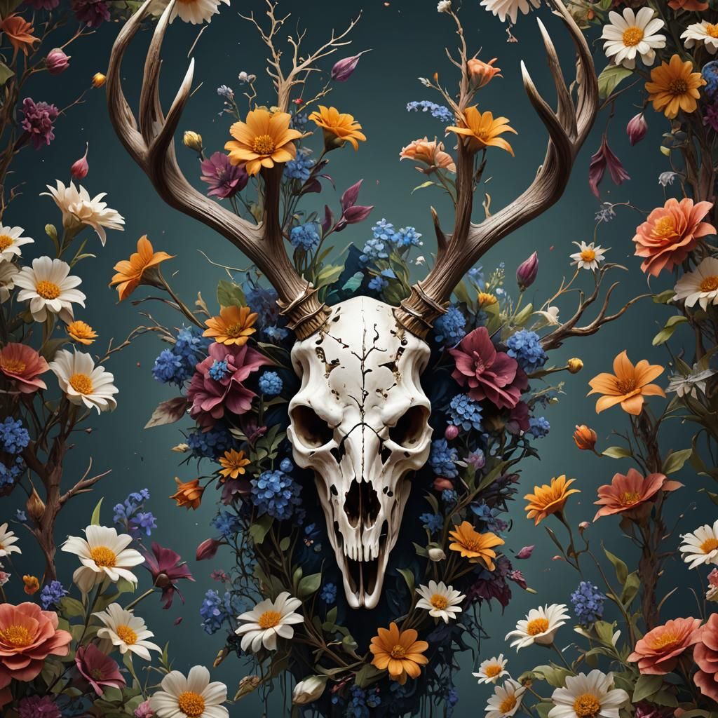 Deer Skull with Flowers: Detailed Matte Painting