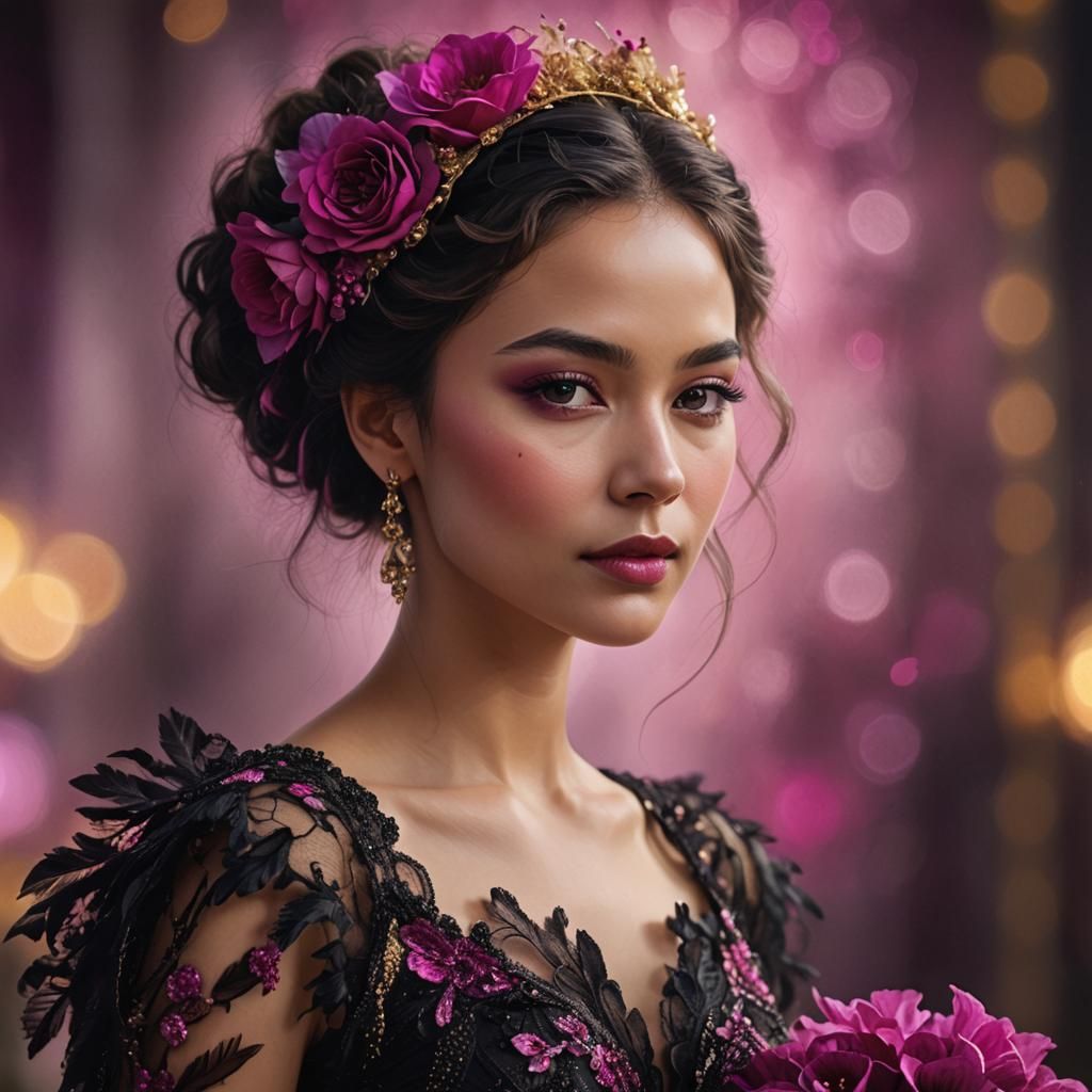 Woman in Black and Magenta Gown, Digital Art