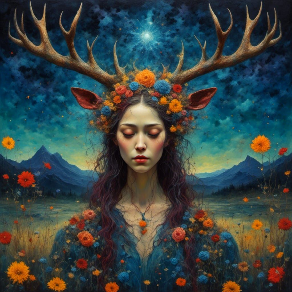 Antlered Sorceress in Floral Garden: Impasto Oil Painting