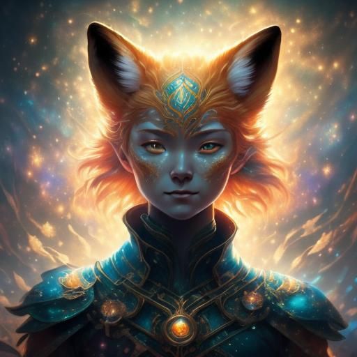 <lora:Galaxy:1.0> In an enchanted and serene Japanese forest, a Kitsune, a magical fox, stands proudly. Its golden fur g...
