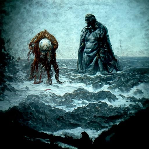 Horror Comparison: Man and Sea in Engraving Style
