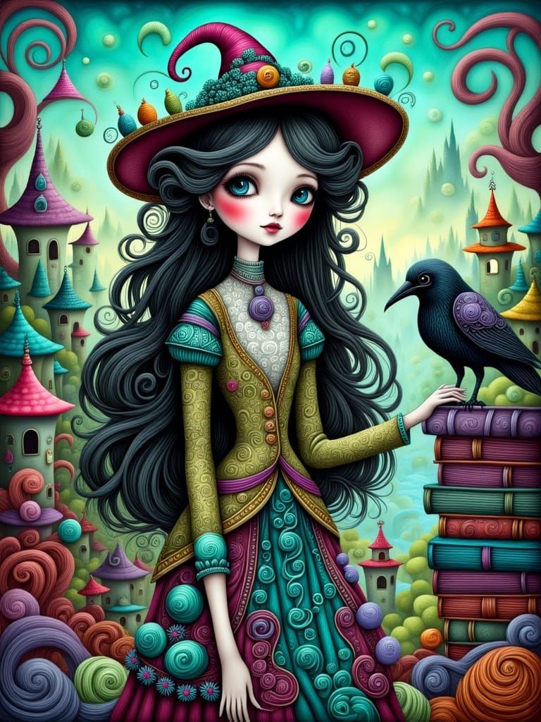 Mystical Boho Witch Encounters Raven in Dreamlike Cityscape