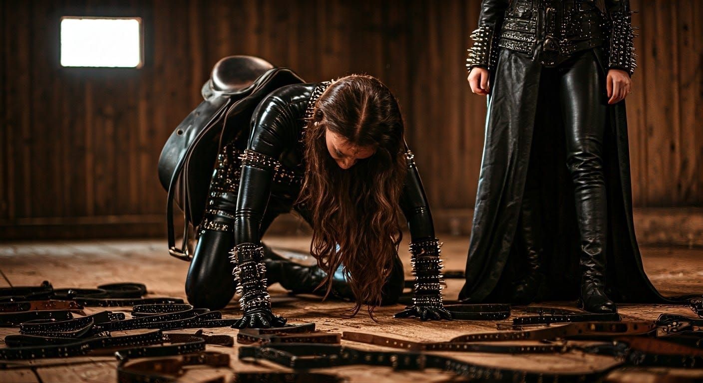 Woman in Leather Saddle, Moody Barn Scene