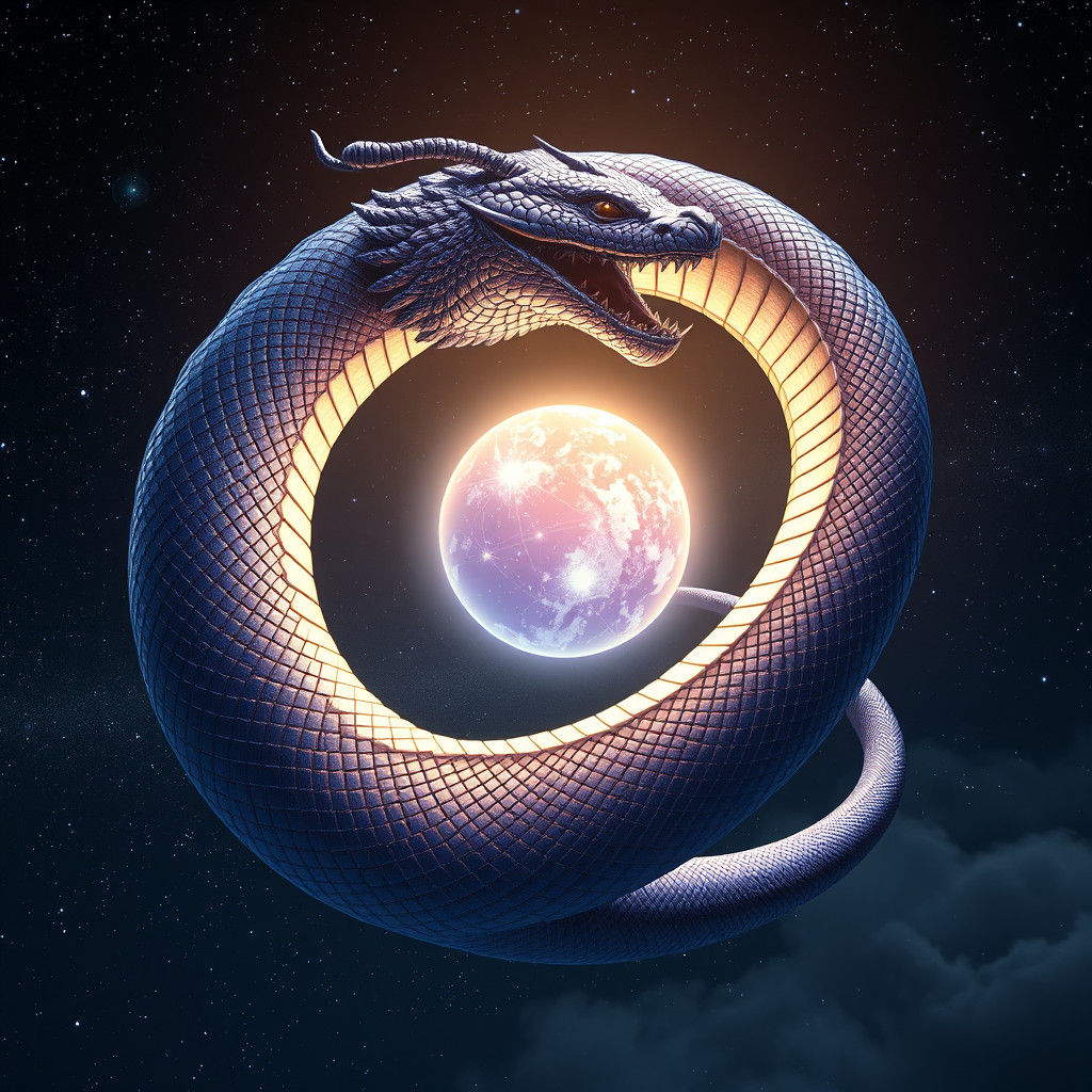 Ouroboros Serpent Envelops Celestial Sphere in Anime Art