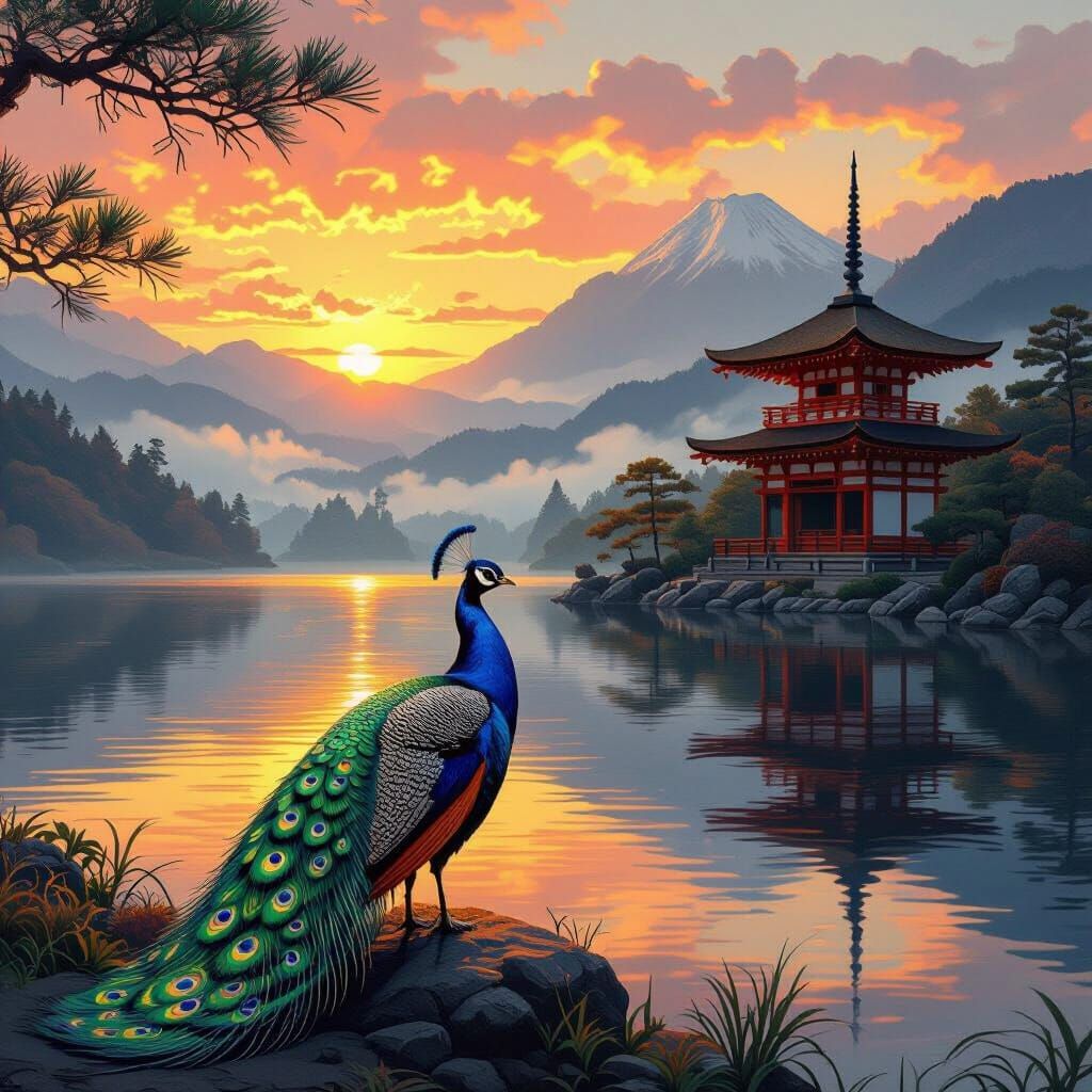 Peacock by Lake at Sunset, Matte Painting