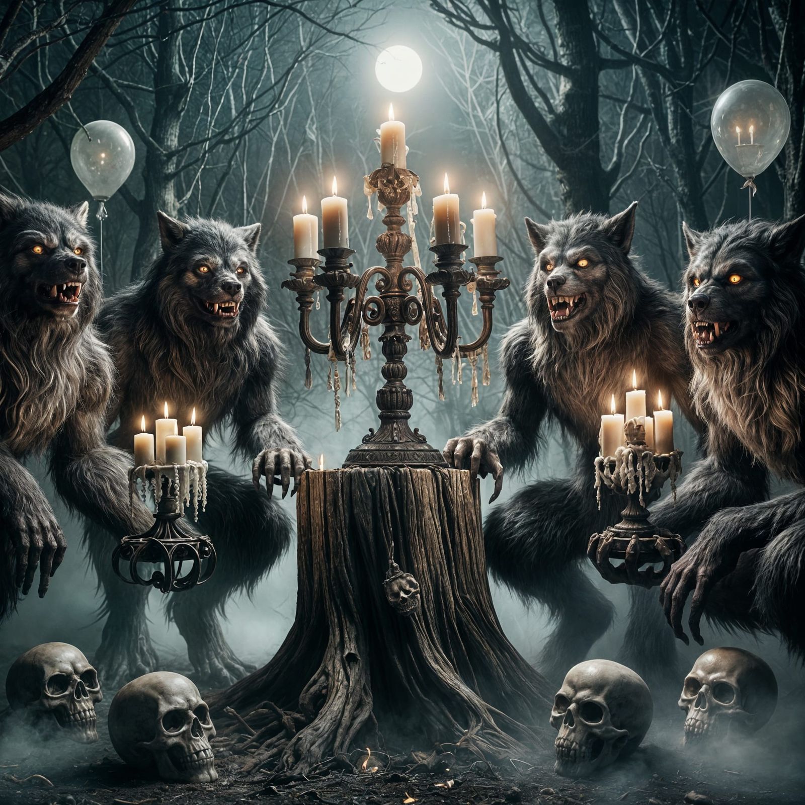 Menacing Werewolves Celebrate Birthday in Misty Forest