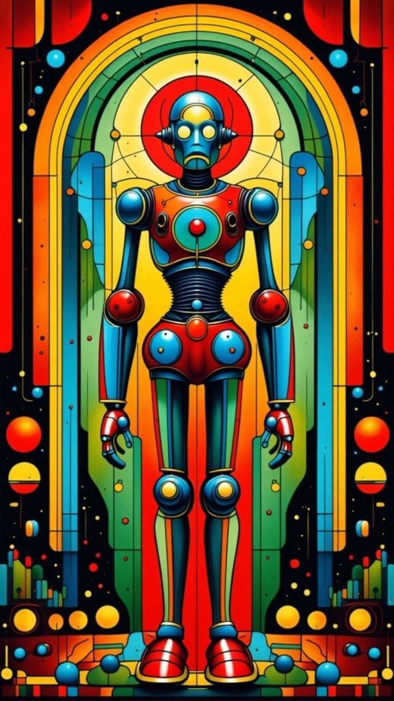 Retro Futuristic Robot Warrior in Stained Glass Style