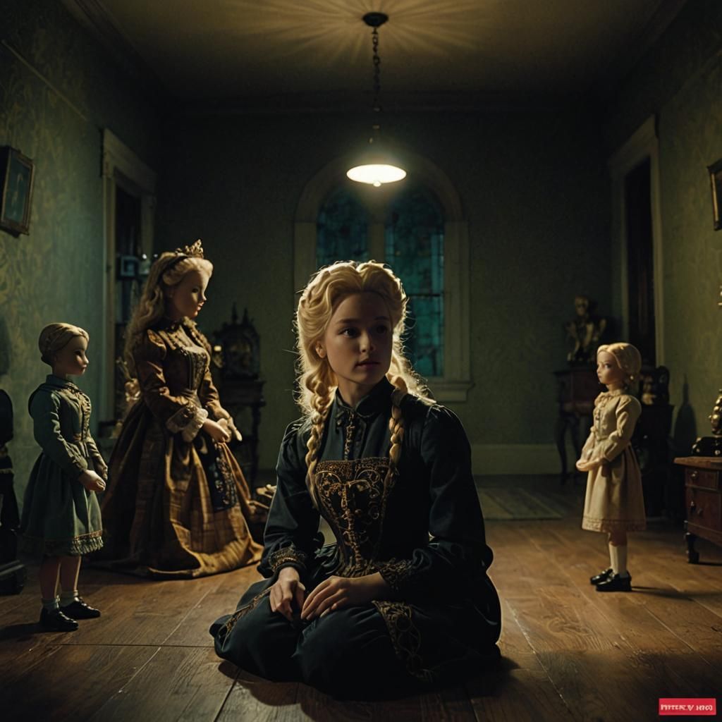 Woman Observes Antique Dolls: Cinematic Film Still