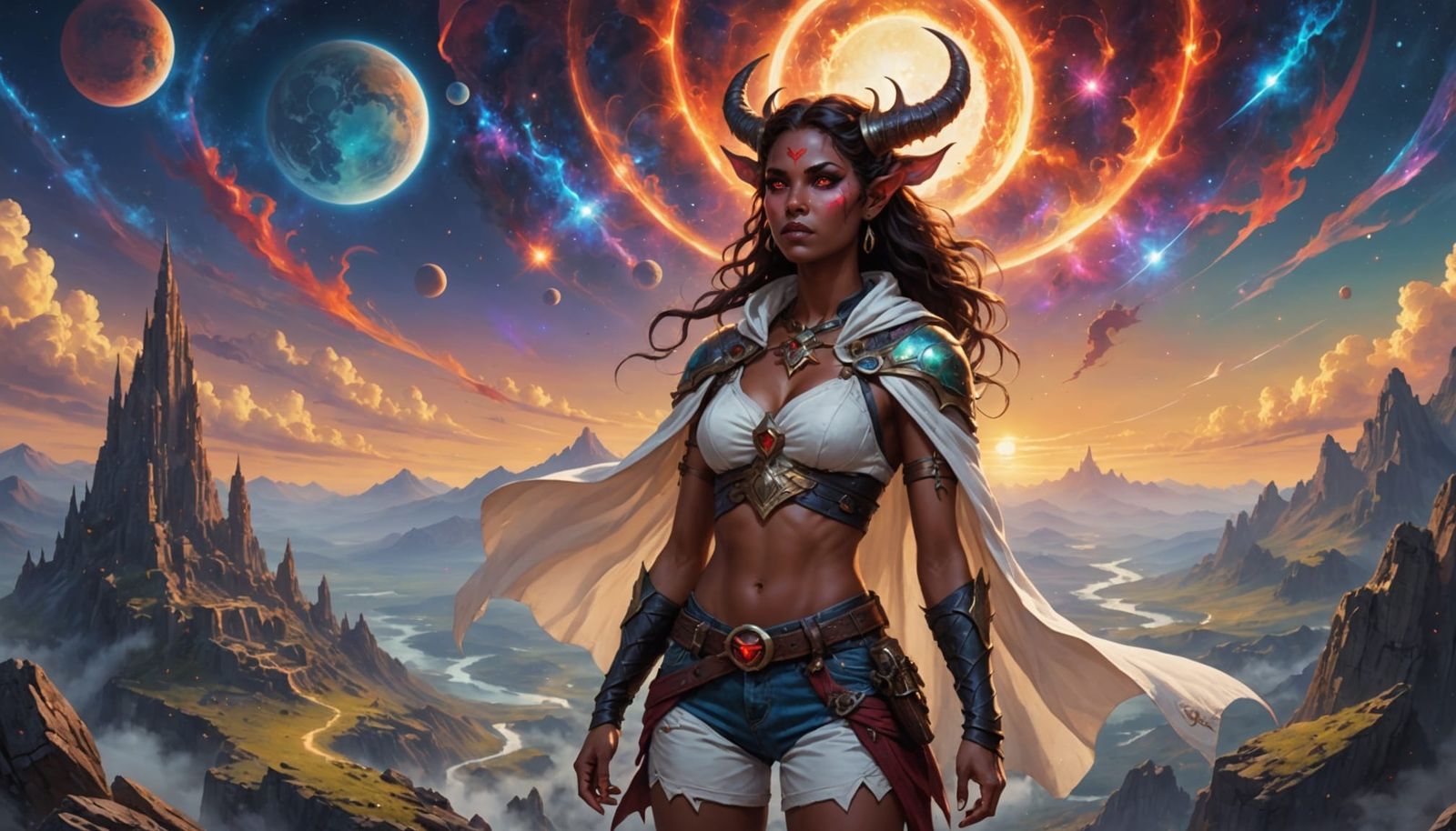 Tiefling Maiden Victorious on Mountain Amidst Cosmic Sunset